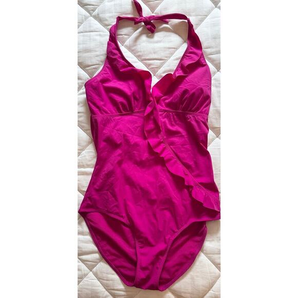 SPANX Love Your Assets Ruffle Halter Deep V One Piece Swim Size XL - Picture 3 of 6
